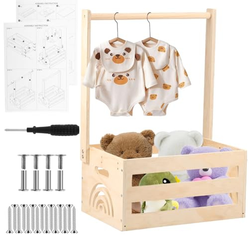 Baby Shower Crate Closet, Wooden Baby Shower Basket with Handle, Hollow Out Design Baby Clothes Rack, Baby Shower Hamper Storage Basket for New Born Baby Shower Pregnancy New Parent Gifts(Style E)