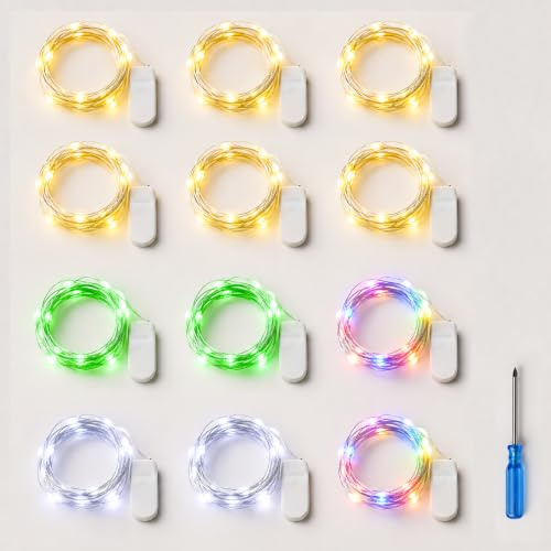 Hopelit 12 stycken LED-ljusslingor batteri 2 m 20 lysdioder med CR2032, ljusslinga inomhus silvertråd för gör-det-själv vaser gåvor, jul, bröllop, dekoration (4 färger)