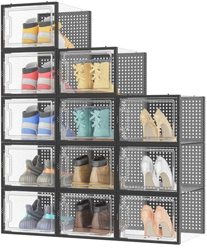 HOMIDEC Scatole per Scarpe,12 pcs Scatole Portascarpe in Plastica Trasparenti impilabili, Contenitori Portascarpe con Coperchi per donna/uomo,L Nero