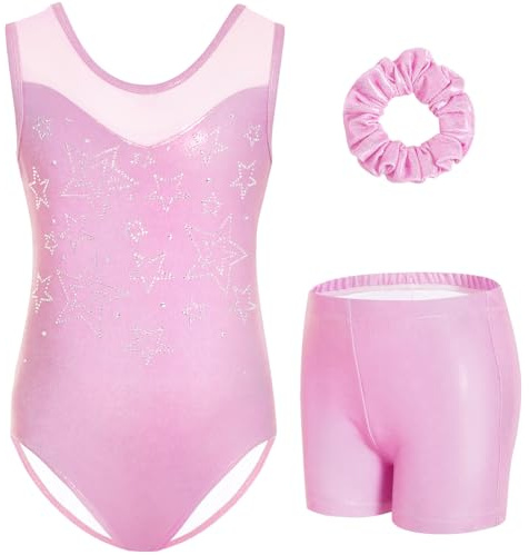 Gogokids Flickors ärmlös strass gymnastikset, 3-delad barn trikåer med shorts och hårband, nät skarvad hals gymnastikkläder för flickor ålder 3-12, perfekt som gymnastikgåvor