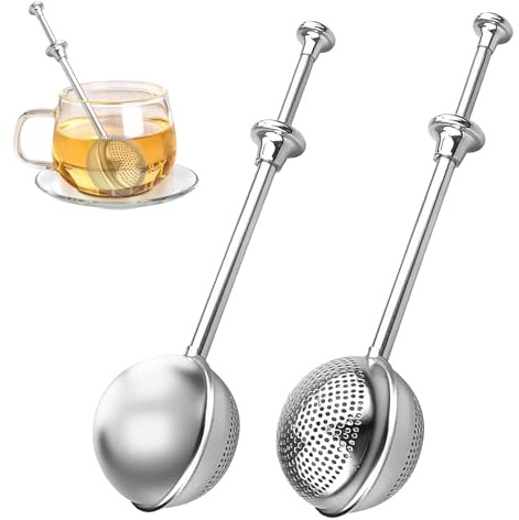 2 Stück Teesieb Für Losen Tee, Teaballs Mit Teleskopgriff,Herunterdrücken Teesieb Für Losen Tee,Teezange Löffel 304 Edelstahl,Für Mehl Gewürze Zucker Kaffee Kakaopulver (Halbes Loch Und Vollloch)
