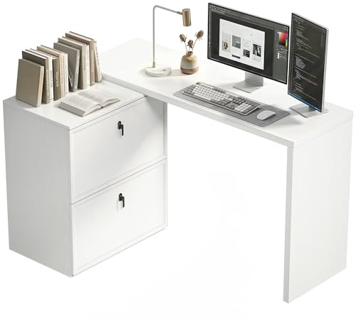 HOMCOM Escritorio Reversible, en Forma de L, Escritorio Esquinero con 2 Cajones Archivadores A4, Diseño Moderno para Espacios Pequeños, Oficina en Casa, Blanco