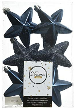 Shatterproof Weihnachtskugeln Sterne Kunststoff 6er Set Dunkelblau Christbaumkugeln, bruchsicher, 7,5 cm, Mitternachtsblau/Marineblau, 6 Stück (Blau)