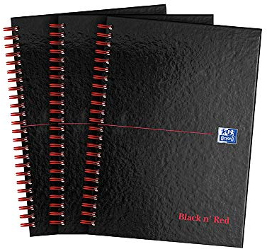 Oxford Black n' Red A5 Notebook, Glossy Hardback Wirebound, 140 pages, Lined (Pack of 3)