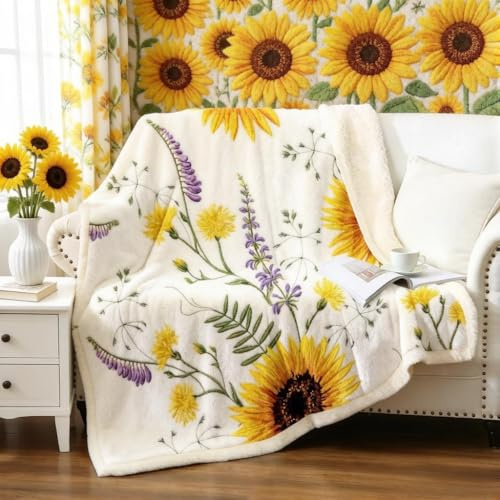 Loussiesd Sunflower Sherpa Blanket - Floral Print Fleece Throw for Women, Yellow Flowers, Breathable Botanical Branches, Plush Room Decor, Air Conditioning, Single 50x60