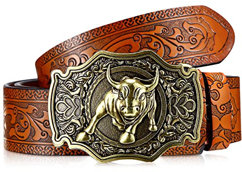 Photect Western-Lederschnallengürtel, Cowboy-Gürtel, Longhorn, Bull-Schnalle, Blumenprägung, Cowboy-Gürtel für Herren, 3,8 cm breit (Kamel, 114,4 cm), camel, 114