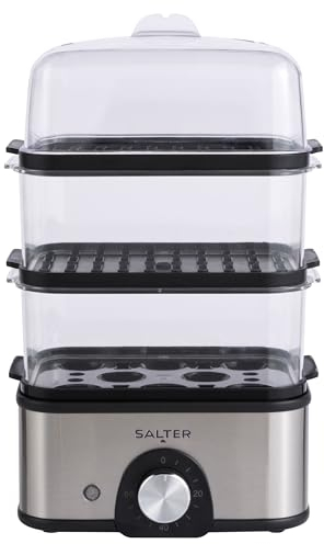 Salter EK5885 3-Tier Food Steamer – Compact Multi-Cooker with 3 Steam Baskets, Electric Egg Cooker with 8-Egg Capacity, Vegetable Steamer, 60-Minute Timer, 3L Capacity, Cook Foods Simultaneously, 500W