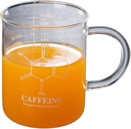 Leopacat Taza de Vaso de CafeíNa,Tazas Transparentes Quimica Cristal,Tazas de Vidrio de Borosilicato CientíFico con Asa Graduada Taza Profesora para Latte,Leche,Capuchino,Jugo De Agua 450Ml