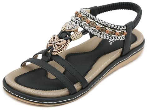 Acfoda Damen Sandalen Sommer mit Strass Bohemian Sandaletten Flach Offene Sommerschuhe Frauen mit Weiches Fußbett Outdoor Freizeit Strand Schuhe Schwarz 39 EU = 40 CN