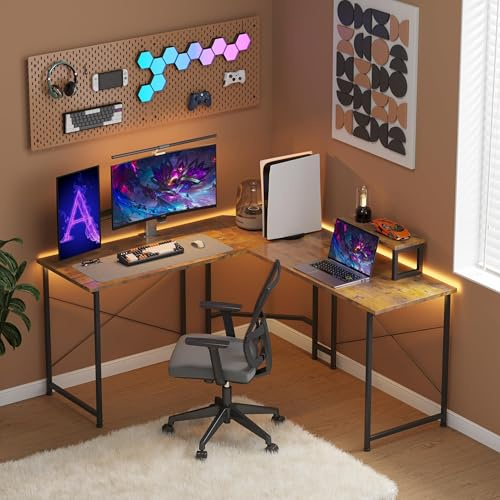 CAIYUN Corner Desk, 50 L Shaped Gaming Desk with Removable Monitor Stand, Computer Desk for Home Office, Metal Frame, Brown