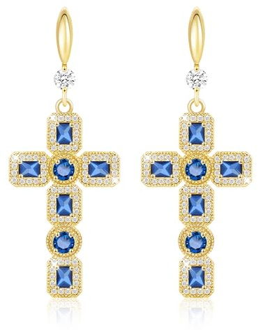 Linawe Boucles d'oreilles suspendues en forme de croix, argent et or, bijoux tendance, boucles d'oreilles à pendentif en forme de croix en moissanite, pierre de naissance et strass