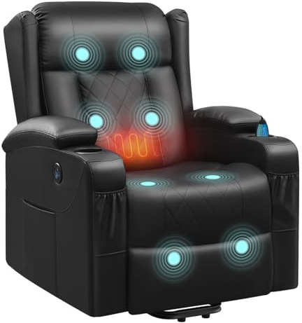 WOLTU Poltrona Elettrica Reclinabile, Sedia Massaggiante con Alzapersone, Riscaldamento, Poggiapiedi, Tasche Laterali, Porta USB, Portabicchieri, per Soggiorno, PU, Nero, SKS62sz