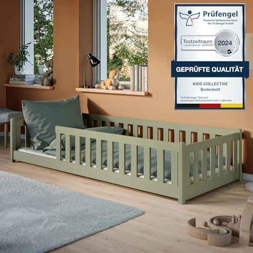 Kinderbett Bodenbett 80x160 cm mit Rausfallschutz & Lattenrost Montessori Bett Bed Gitterbett Kinder Jugendbett Einzelbett optional mit Matratze | Olivgrün weitere Größen 90x200 | 120x200 | 140x200 cm