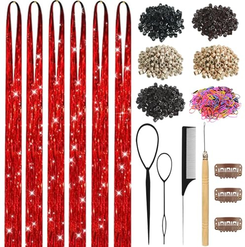 Red Hair Tinsel Kit for Girls 1800 Strands Fairy Tinsel Hair Extensions Holographic Hair Tinsel Heat Resistant Colored Hair Glitter Christmas Party Festival (Red)
