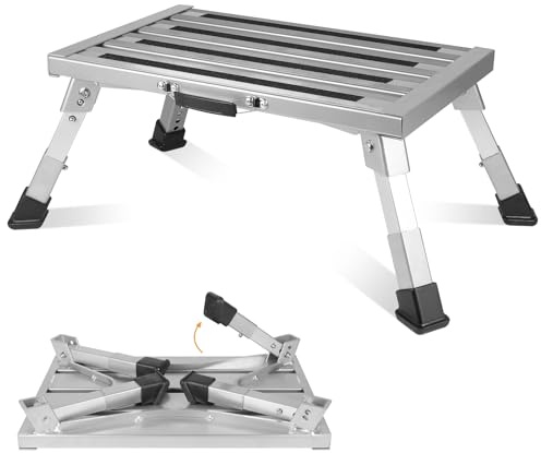 DBREAKS Taburete Plegable Antideslizante de Aluminio con 4 Alturas Ajustables y asa de Transporte, Peldaño Plegable Escalon para Caravanas, para Adultos, Niños, Mascotas(Plateado)