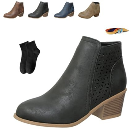 Botines ortopédicos gruesos de cuero para mujer, tacón medio, sin cordones, para otoño e invierno, tacón bajo, punta puntiaguda, soporte de arco, botines cortos con cremallera lateral, botas ligeras