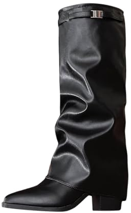 LCpddajlspig Stivali da Donna Al Polpaccio con A Blocco Stivali Gamba Larga in Pelle Con Risvolto Stivaletti A Punta Boots Eleganti per Autunno Invernale Nere 40