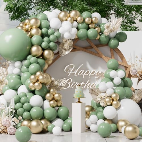 SUWEN 153 Piezas Verde Salvia Oro Blanco Globos Arco Set