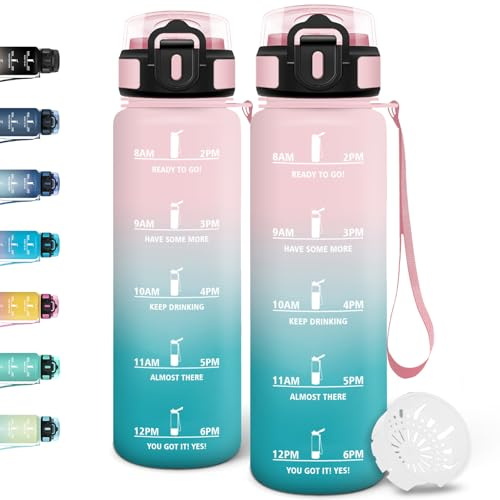 Motswedi Gourde 1l, Anti Fuite, Gourde Sport, Réutilisable, Bouteille d'eau, sans BPA, Bouteille Reutilisable, pour Randonnée, Fitness, Yoga, Camping, Sport, Rose & Vert