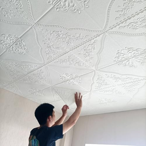 RENLXFI Pannelli Soffitto Boiserie Parete Adesivo Moderno per Piastrelle Bianche 3D, Carta da Parati Autoadesiva Quadrata per Rivestimento per Soffitto, Rivestimento in Boiserie(Set of 100)