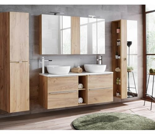 Lomadox - Mobile da Bagno con Doppio lavabo, con 2 lavabi, in Rovere e Bianco Lucido, con Specchio a LED