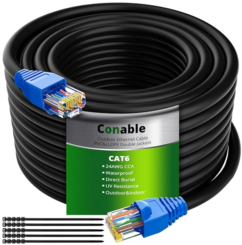 Cat6 Outdoor Ethernet Cable 150ft, Heavy Duty Double Jackets Internet Cord, Waterproof, Direct Burial, (from 25FT to 500 FT) Support PoE Cat6 Cat5e Cat5 Network, Cat 6 RJ45 Patch Cable with 25 Ties