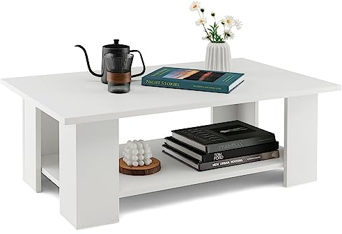 LIFEZEAL Couchtisch Weiß, Wohnzimmertisch mit offener Ablage, Kaffeetisch mit breiter Platte, Sofatisch modern, für Wohnzimmer Büro, 90x52x32 cm