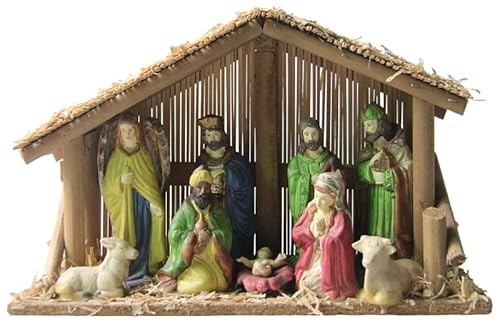 Rocky Mountain Goods 9 Piece Porcelain Nativity Set with Stable - for Christmas Indoor Nativity Set - Baby Jesus, Mary, Joseph, 3 Wisemen, Angel and Animal Porcelain Figurines - 12” x 8” Stable