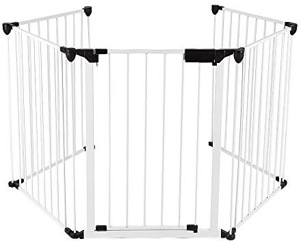 Barrera de escalera grande versión 310 cm, barrera de protección chimenea, 5 paneles, premontado, valla de chimenea plegable, puerta incluida, color blanco