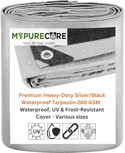 MYPURECORE Premium Heavy-Duty Tarpaulin 260 GSM - Waterproof, UV & Frost-Resistant Cover - Versatile for Camping, Garden, Gazebo, Trailer - Silver/Black Sheet with Reinforcement Edge (2m x 2m)