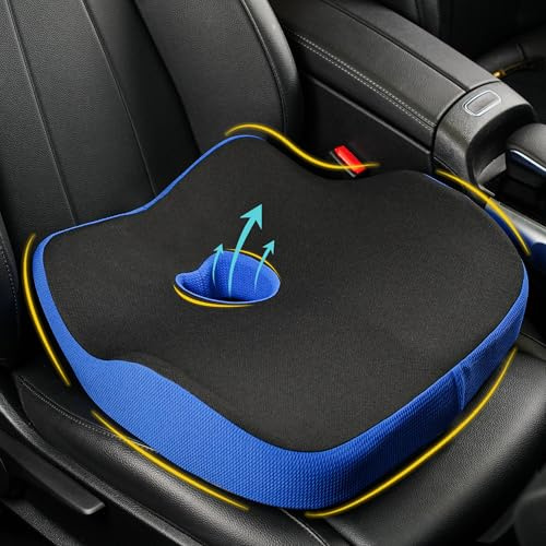Allaboutsla Car Seat Cushion, Ergonomic Memory Foam Butt Cushion for Sciatica Pain Relief, Adult Booster Seat for Short People, Car Pillow for Driving, Truck, Office, Wheelchair - Black&Blue