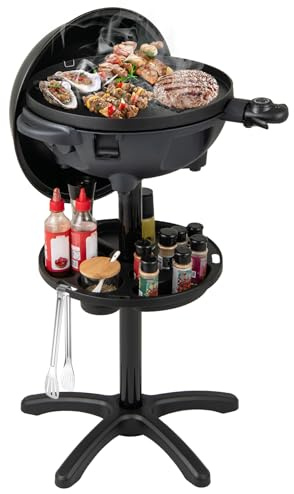 GYMAX 2-in-1 Elektrogrill, elektrischer Standgrill mit Antihaft-Grillplatte & Temperaturregelung, Tischgrill mit 2 Grillzonen & Aufbewahrungsschale, BBQ Balkongrill mit Deckel & Standfuß