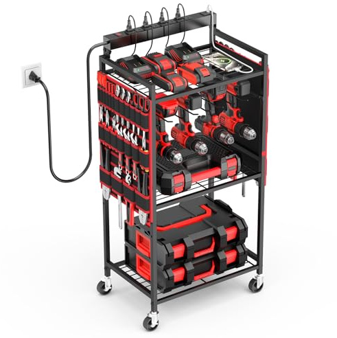 JUNNUJ Garage Large Power Tool Organizer Cart with 8 Outlet 3 USB Charging Station, Floor Rolling Drill and Tools Battery Storage Cart on Wheels, Heavy Duty Utility Rack Shelf with Power Strip