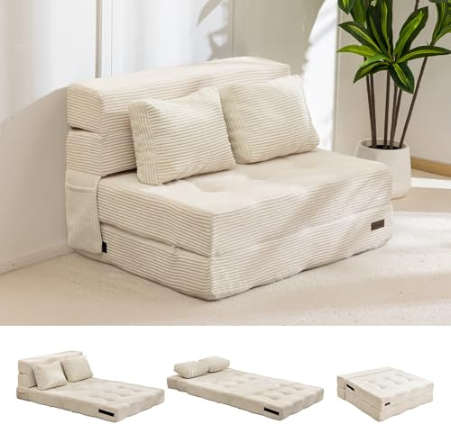 MAXYOYO Folding Sofa Bed, Tri-Fold Mattress 15cm for Guest, Corduroy Fabric