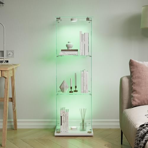 JYNVO Armoire en verre avec lumières - Vitrine verticale en verre trempé à trois couches - Vitrine verticale en verre avec base en bois - Blanc (blanc/porte simple/lumière)