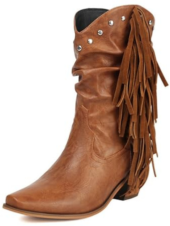 Stivaletti corti da donna a punta quadrata con tacco grosso, polpaccio largo con frangia borchiata decorazione retrò western cowgirl scarpe, Marrone, 37 EU