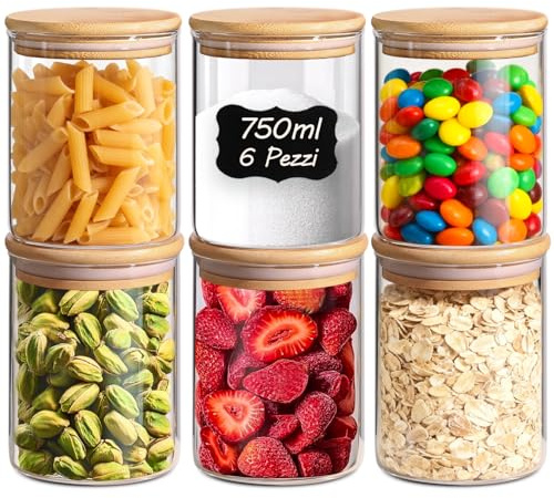 ComSaf förvaringsburkar i glas med bambulock, 750 ml, 6-pack | kompakt rund form, mjöl, rulle med rena trasor, torkad mango, smidig förvaring, för skafferi och kök
