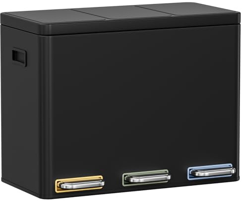 Clevich Mülltrennsystem 3×15L aus Stahl, Mülleimer 3 Fächer mit farbcodierten Pedalen, Abfalleimer mit Soft-Close-Deckeln und Inneneimern, Schwarz