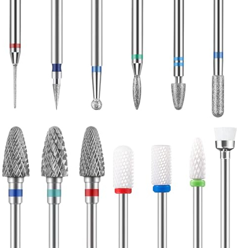 Flintronic 13 st nagelborrsats, professionella efile nagelbitar, 3/32 tum professionella keramiska diamantsäkerhetsbitar med borste för arkivering av akrylnaglar, gelnaglar, nedåttagande