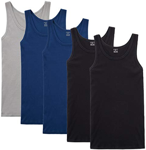 NUOZA Mens Vest Tank Top 5 Pack Fine Rib Muscle Shirts Cotton -Black Blue Gray,3XL