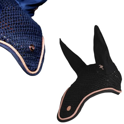 Marengos - Fliegenhaube Modern Rosé | edle Fliegenohren mit roségoldenem Metallplättchen & Zierkordel | Ohrenschutz für Pferde | Schutz vor Insekten | Pferde Zubehör in Schwarz | Warmblut