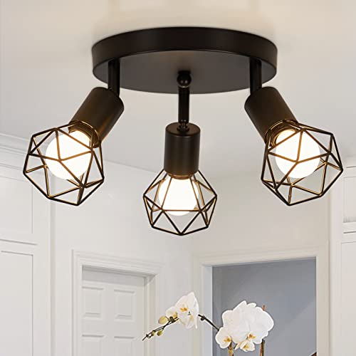 FORCOSO Deckenlampe Schwarz 3 Flammig - Vintage LED Deckenstrahler Schwenkbar 350° Deckenleuchte Küche E14 für Innen Wohnzimmer Schlafzimmer Flur(Ohne Glühbirne)