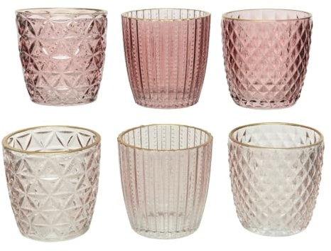 Kaemingk Portatealight in Vetro Rosa con Bordo Oro 1pezzo