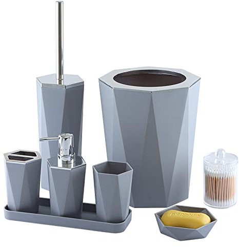 PITRAK 8-teiliges Badezimmer Zubehör Set aus Kunststoff, Lotionsflaschen, Zahnbürstenhalter, Zahnbecher, Seifenschale, Toilettenbürste, Mülleimer, Tablett, Wattestäbchen Becher Set (Grau)