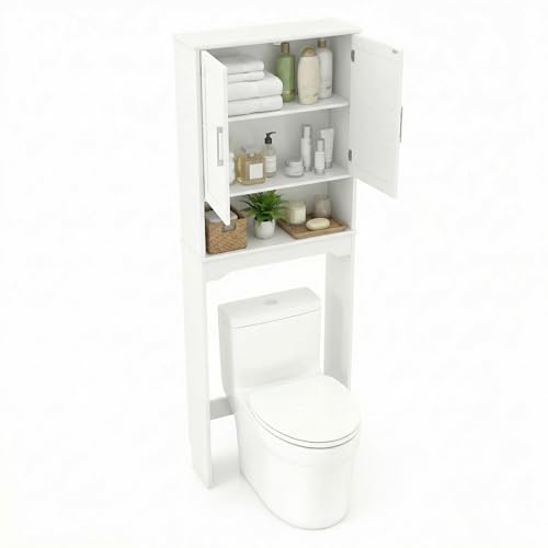 LIFEZEAL Armario sobre Inodoro con 2 Puertas y balda Ajustable | Mueble alto de baño para lavadora, organizador de 63 x 23 x 168 cm