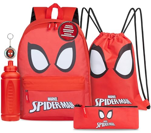 Juego de Mochila Escolar Marvel, Set de 5 Piezas con Mochila, Bolsa con cordón, Estuche de lápices, Botella de Agua y Llavero - Regalos para niños, Set of 5, Juego de Mochila Escolar
