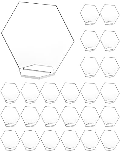 QWORK Clear Acrylic Hexagonal Place Cards, 25 Pack Acrylic Tabletop Sign & Holder, DIY Table Name Cards Plates for Wedding Reception Event Party Centerpiece Table Decorations
