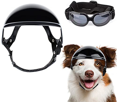 OmeHoin Set di 2 occhiali per casco per cani e cani, protezione UV, protezione contro i raggi UV, cappello di sicurezza per moto con cintura regolabile per protezione occhi per cani e gatti