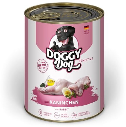 DOGGY Dog Paté Coniglio Sensitive, 6 x 800 g, cibo umido per cani, senza cereali, con olio di salmone e cozze con labbra verdi, alimento completo particolarmente ben tollerato, Made in Germany