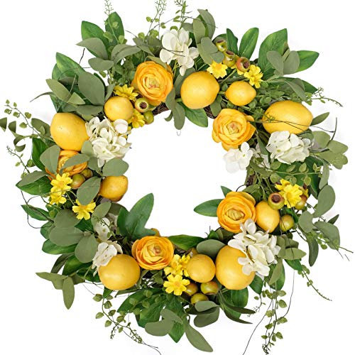 CIR OASES 18 Inch Lemon Wreath, Spring Door Wreath with Artificial Lemon and flower for Kitchen Indoor Outdoor Window Front Door Decoration